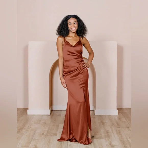 Revelry Dresses Revelry Rory Satin Fitted V Neck Maxi